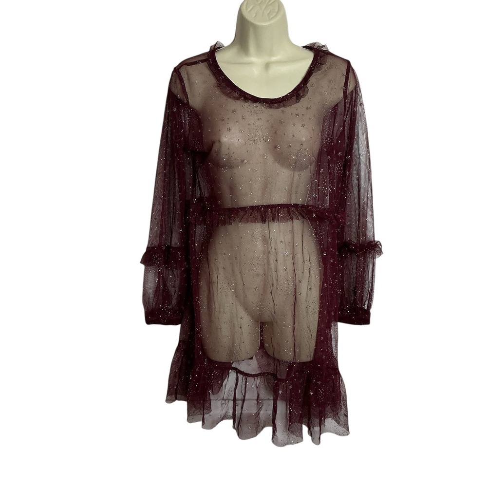 Knitworks Size 16 Burgundy  Celestial Sheer Glitter Star Ruffle Overlay Dress